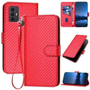 For TCL 305 / 306 / 30E / 30 SE YX0070 Carbon Fiber Buckle Leather Phone Case with Lanyard(Red)