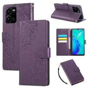 For vivo Y35 4G 2022 / Y22s Rose Flower Embossed 3-Card Slots Leather Phone Case(Deep Purple)