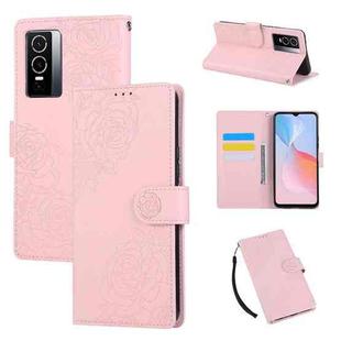 For vivo Y76s 5G / Y76 5G Rose Flower Embossed 3-Card Slots Leather Phone Case(Pink)