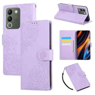 For vivo Y200 5G / V30 Lite Global Rose Flower Embossed 3-Card Slots Leather Phone Case(Purple)