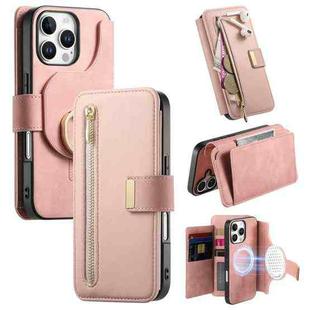 For iPhone 16 Pro Ring Zipper Wallet RFID Blocking MagSafe Leather Phone Case(Pink)