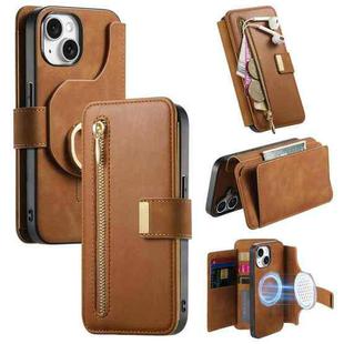 For iPhone 14 Ring Zipper Wallet RFID Blocking MagSafe Leather Phone Case(Brown)