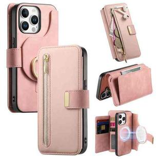 For iPhone 13 Pro Max Ring Zipper Wallet RFID Blocking MagSafe Leather Phone Case(Pink)