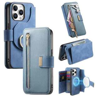 For iPhone 13 Pro Max Ring Zipper Wallet RFID Blocking MagSafe Leather Phone Case(Blue)