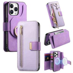 For iPhone 13 Pro Max Ring Zipper Wallet RFID Blocking MagSafe Leather Phone Case(Purple)