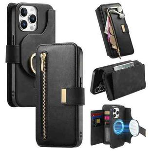 For iPhone 13 Pro Max Ring Zipper Wallet RFID Blocking MagSafe Leather Phone Case(Black)