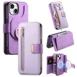 For iPhone 13 Ring Zipper Wallet RFID Blocking MagSafe Leather Phone Case(Purple)
