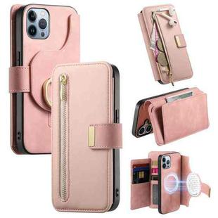 For iPhone 12 Pro Max Ring Zipper Wallet RFID Blocking MagSafe Leather Phone Case(Pink)