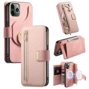 For iPhone 11 Pro Max Ring Zipper Wallet RFID Blocking MagSafe Leather Phone Case(Pink)