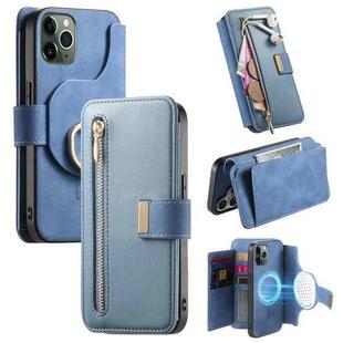 For iPhone 11 Pro Max Ring Zipper Wallet RFID Blocking MagSafe Leather Phone Case(Blue)