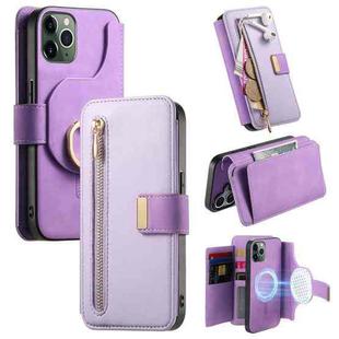 For iPhone 11 Pro Max Ring Zipper Wallet RFID Blocking MagSafe Leather Phone Case(Purple)