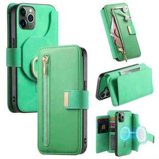 For iPhone 11 Pro Max Ring Zipper Wallet RFID Blocking MagSafe Leather Phone Case(Green)