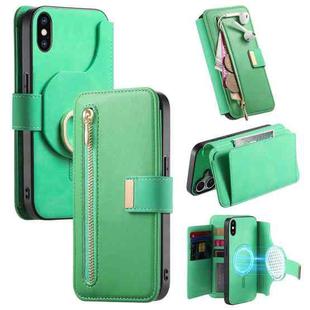For iPhone X / XS Ring Zipper Wallet RFID Blocking MagSafe Leather Phone Case(Green)