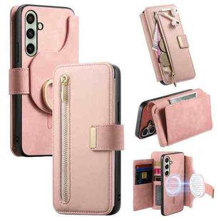For Samsung Galaxy S24 FE 5G Ring Zipper Wallet RFID Blocking MagSafe Leather Phone Case(Pink)
