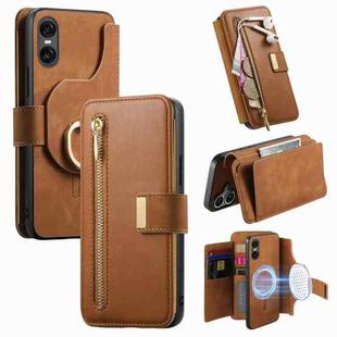 For Sony Xperia 5 V Ring Zipper Wallet RFID Blocking MagSafe Leather Phone Case(Brown)