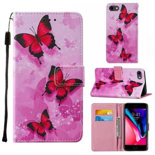 For iPhone SE 2022 / SE 2020 / 8 / 7 / 6 Cross Texture Painting Pattern Horizontal Flip Leather Case with Holder & Card Slots & Wallet & Lanyard(Pink Butterfly)