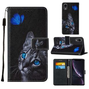 For iPhone XR Cross Texture Painting Pattern Horizontal Flip Leather Case with Holder & Card Slots & Wallet & Lanyard(Blue Butterfly Cats Eye)
