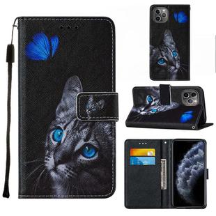 For iPhone 11 Pro Cross Texture Painting Pattern Horizontal Flip Leather Case with Holder & Card Slots & Wallet & Lanyard(Blue Butterfly Cats Eye)