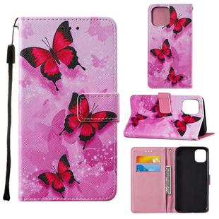 For iPhone 12 / 12 Pro Cross Texture Painting Pattern Horizontal Flip Leather Case with Holder & Card Slots & Wallet & Lanyard(Pink Butterfly)