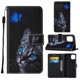 For iPhone 12 Pro Max Cross Texture Painting Pattern Horizontal Flip Leather Case with Holder & Card Slots & Wallet & Lanyard(Blue Butterfly Cats Eye)