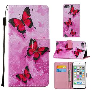 For iPod Touch 7 / 6 / 5 Cross Texture Painting Pattern Horizontal Flip Leather Case with Holder & Card Slots & Wallet & Lanyard(Pink Butterfly)