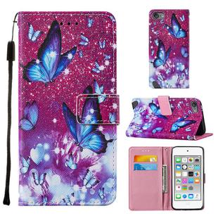 For iPod Touch 7 / 6 / 5 Cross Texture Painting Pattern Horizontal Flip Leather Case with Holder & Card Slots & Wallet & Lanyard(Purple Butterfly)