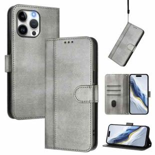 For iPhone 16 Pro Line Splicing Buckle Retro Leather Phone Case(Grey)