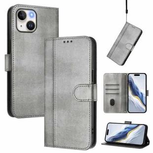For iPhone 15 Line Splicing Buckle Retro Leather Phone Case(Grey)