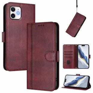 For iPhone 12 / 12 Pro Line Splicing Buckle Retro Leather Phone Case(Wine Red)