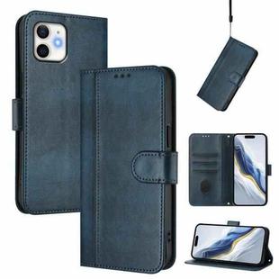 For iPhone 12 / 12 Pro Line Splicing Buckle Retro Leather Phone Case(Dark Blue)