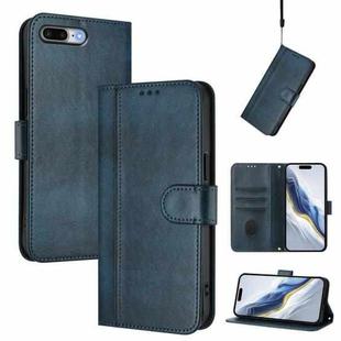 For iPhone 7 Plus / 8 Plus Line Splicing Buckle Retro Leather Phone Case(Dark Blue)