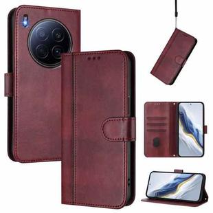 For Tecno Camon 40 Premier Line Splicing Buckle Retro Leather Phone Case(Wine Red)