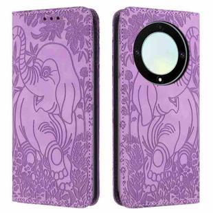 For Honor Magic6 Lite Retro Elephant Embossed Leather Phone Case(Purple)