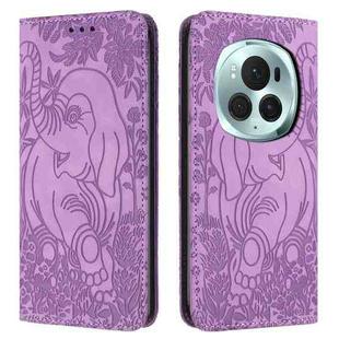For Honor Magic6 Pro Retro Elephant Embossed Leather Phone Case(Purple)