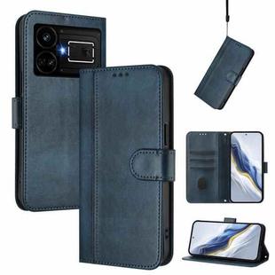 For Realme GT5 240W / GT5 Line Splicing Buckle Retro Leather Phone Case(Dark Blue)