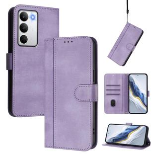For Realme C71 4G Global Line Splicing Buckle Retro Leather Phone Case(Purple)