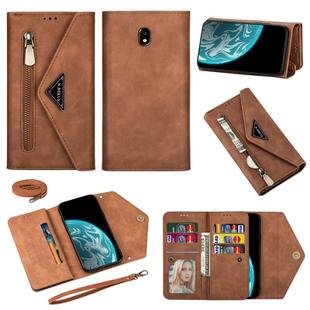 For Samsung Galaxy J7 (2017) / J730 EU Version Skin Feel Zipper Horizontal Flip Leather Case with Holder & Card Slots & Photo Frame & Lanyard & Long Rope(Brown)