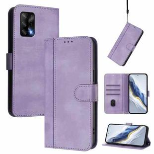 For OPPO A74 4G / F19 / A95 4G Global Line Splicing Buckle Retro Leather Phone Case(Purple)