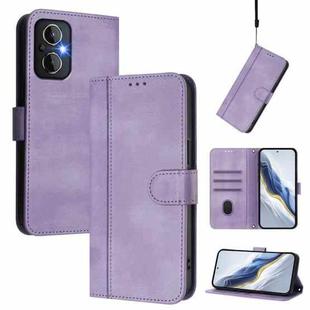 For OPPO Reno8 4G / Reno7 4G Global Line Splicing Buckle Retro Leather Phone Case(Purple)