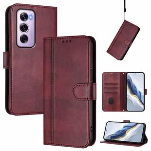 For OPPO Reno12 Pro 5G Global Line Splicing Buckle Retro Leather Phone Case(Wine Red)
