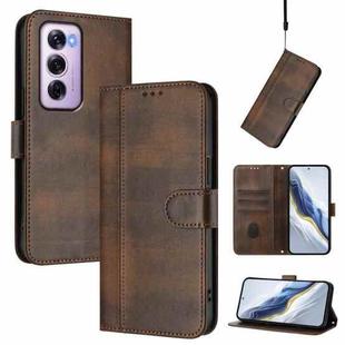 For OPPO Reno12 Pro 5G Global Line Splicing Buckle Retro Leather Phone Case(Brown)