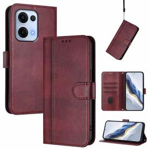 For OPPO Reno13 5G Global Line Splicing Buckle Retro Leather Phone Case(Wine Red)