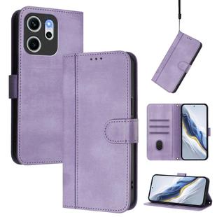 For OPPO Reno14 F 5G Line Splicing Buckle Retro Leather Phone Case(Purple)