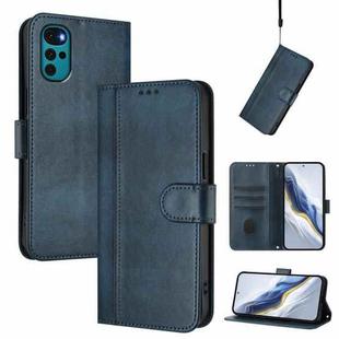 For Motorola Moto E32 India / G22 4G Line Splicing Buckle Retro Leather Phone Case(Dark Blue)