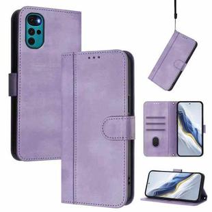 For Motorola Moto E32 India / G22 4G Line Splicing Buckle Retro Leather Phone Case(Purple)
