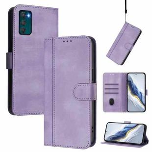 For Motorola Moto G42 4G Line Splicing Buckle Retro Leather Phone Case(Purple)