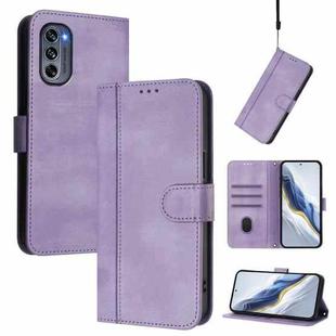 For Motorola Moto G62 5G Global / India Line Splicing Buckle Retro Leather Phone Case(Purple)