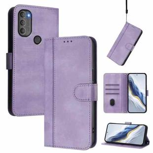 For Motorola Moto G71 5G Line Splicing Buckle Retro Leather Phone Case(Purple)