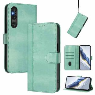 For Sony Xperia 1 V 2023 Line Splicing Buckle Retro Leather Phone Case(Mint Green)