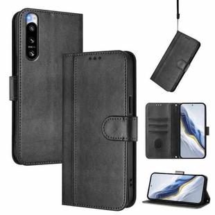 For Sony Xperia 5 IV Line Splicing Buckle Retro Leather Phone Case(Black)